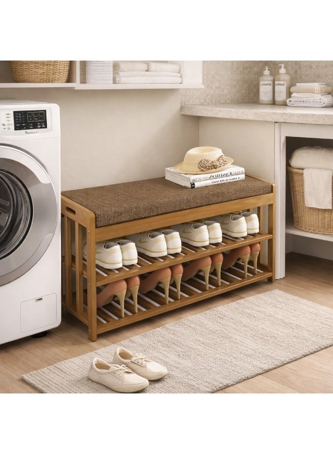 HOME TASTE Wooden Shoe Rack With Bench - Wooden Shoe Cabinet with Seat | Shoe Bench Organizer for Entryway, Hallway & Bedroom, Brown – 27 x 90 x 45 cm - Image 4